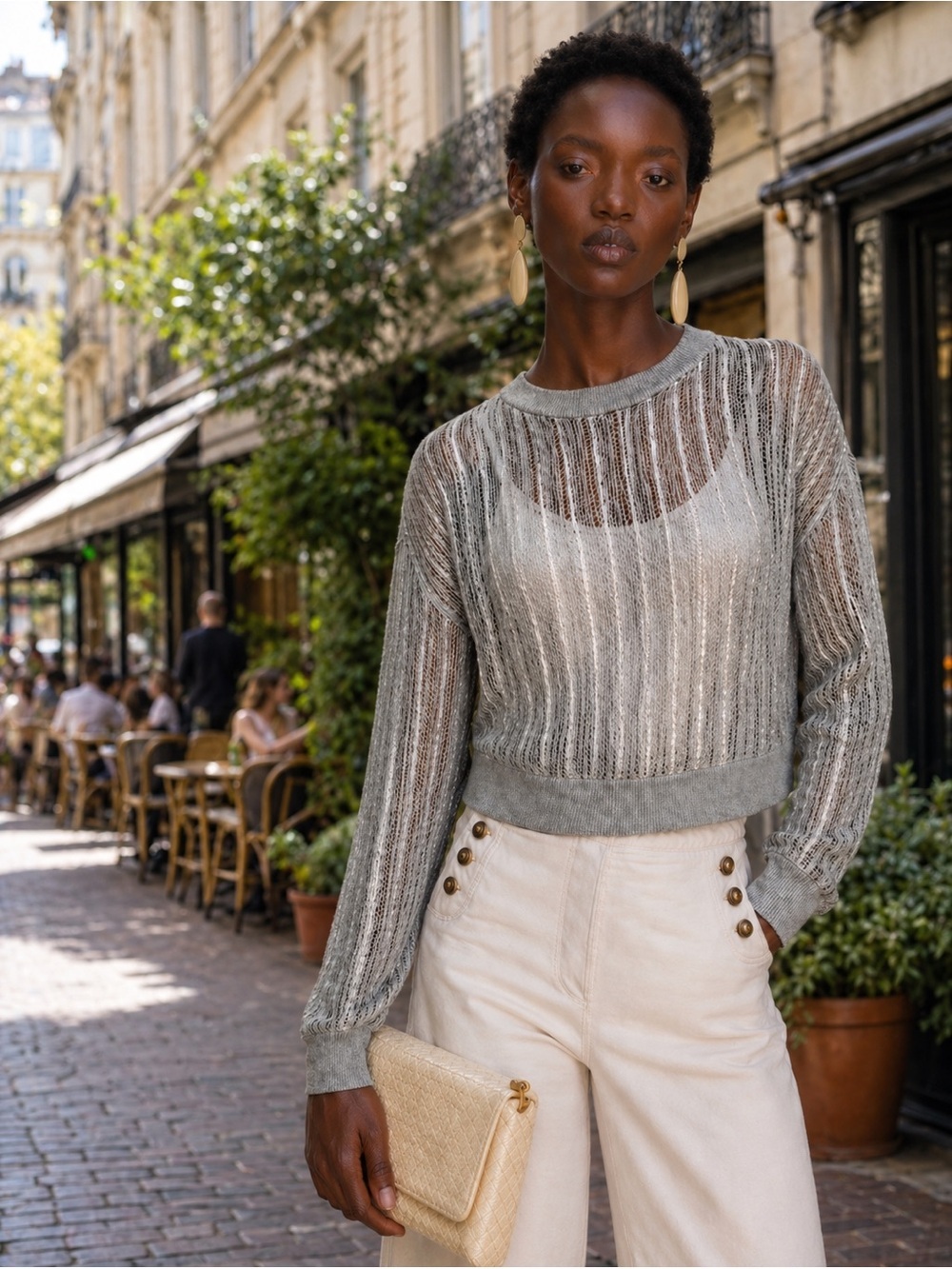 ALLSAINTS Giana Metallic Open Stitch Sweater in Silver, Size 6 NWT